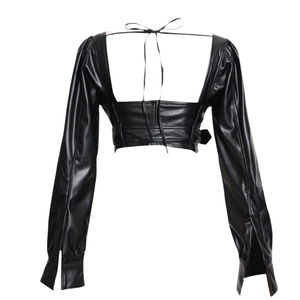 our Stunning Genuine Leather Crop Top featuring a sweetheart neckline, deep back with buckle accent, and puffed sleeves. Complete with a slim fit and zipper closure.