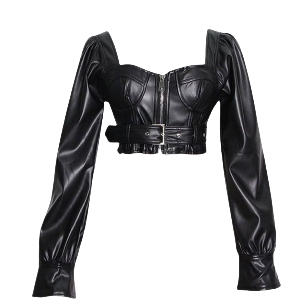 our Stunning Genuine Leather Crop Top featuring a sweetheart neckline, deep back with buckle accent, and puffed sleeves. Complete with a slim fit and zipper closure.