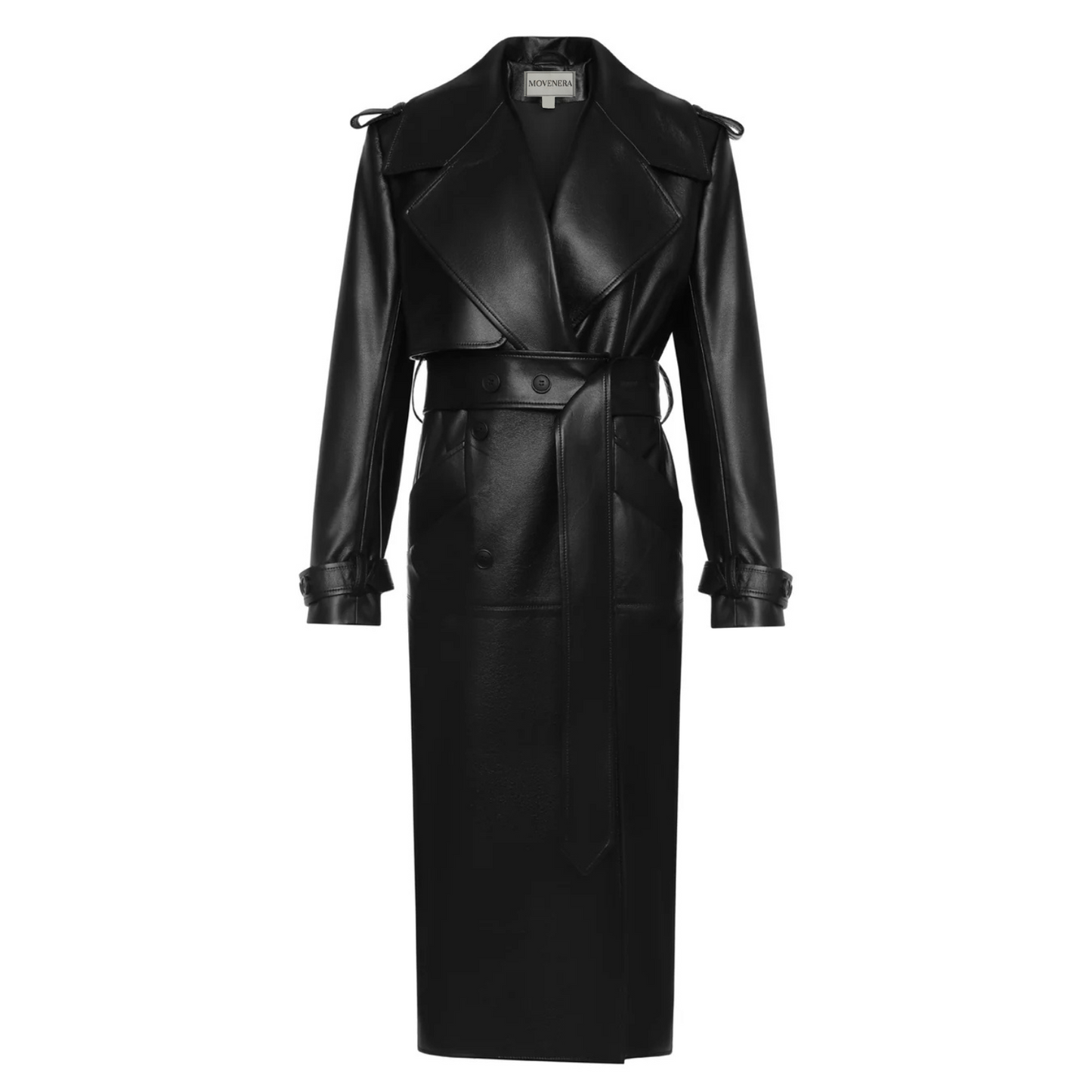 Black genuine leather trench coat with lapel collar, double-breasted design, adjustable waist belt, shoulder flap, and wrist straps – lilibet clothing