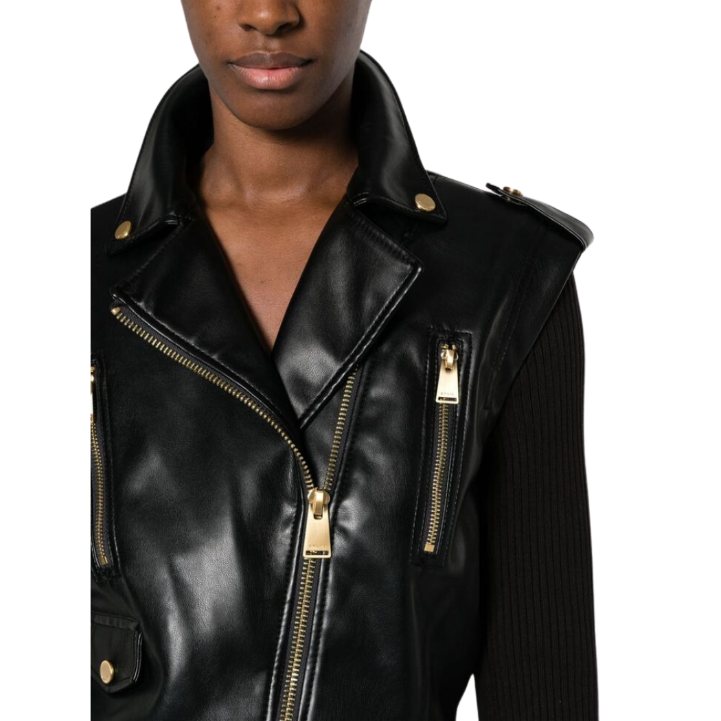 Elevate your style with our Luxurious Black Genuine Leather Jacket featuring gold accents. With a zipper lapel collar, two YKK zipper pockets, and an adjustable waist belt, this jacket exudes luxury. Shop now!