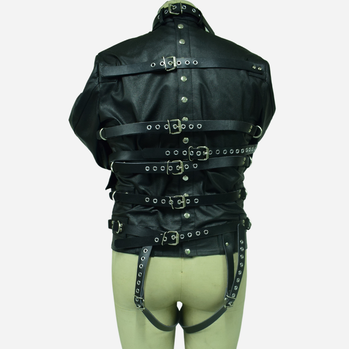 Genuine Leather black Straight jacket with adjustable straps & D-rings.