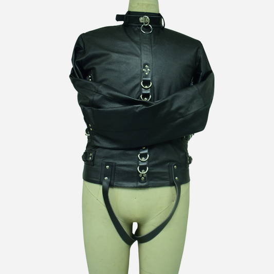 Genuine Leather black Straight jacket with adjustable straps & D-rings.