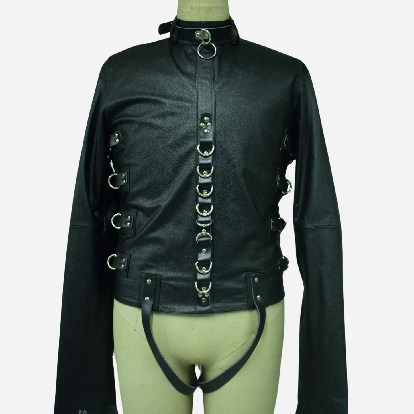 Genuine Leather black Straight jacket with adjustable straps & D-rings.