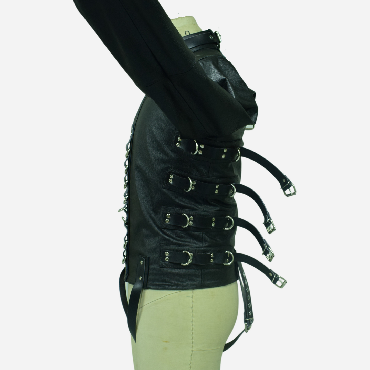 Genuine Leather black Straight jacket with adjustable straps & D-rings.