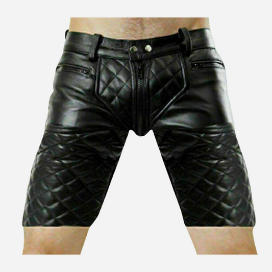 Men’s Real Leather Black Quilted Shorts, designed for ultimate style and comfort. Crafted from premium leather, these shorts feature a full front to rear zip and a trendy quilted design, perfect for clubwear and nightlife. Elevate your look—shop now and explore our complete leather collection!