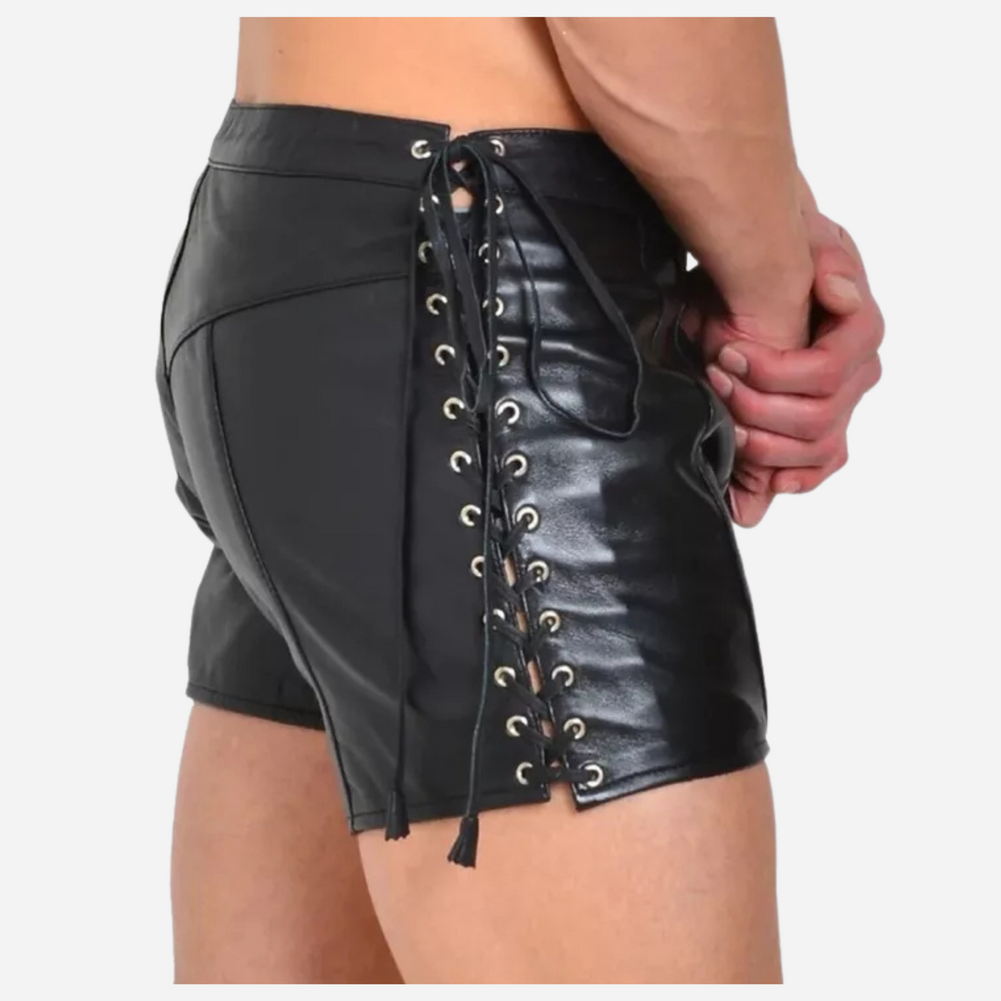 Shop our Men's Real Leather Lace-Up Shorts, made from 100% genuine leather for a stylish and comfortable fit. With adjustable sides, a fly zipper opening, and durable stitching, these slim-fit boxer shorts are perfect for any occasion. Available in all sizes, including custom options. Upgrade your wardrobe today!