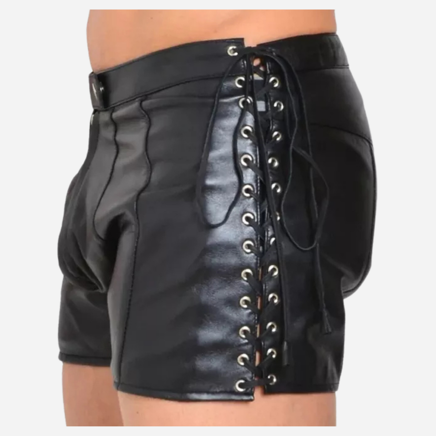 Shop our Men's Real Leather Lace-Up Shorts, made from 100% genuine leather for a stylish and comfortable fit. With adjustable sides, a fly zipper opening, and durable stitching, these slim-fit boxer shorts are perfect for any occasion. Available in all sizes, including custom options. Upgrade your wardrobe today!
