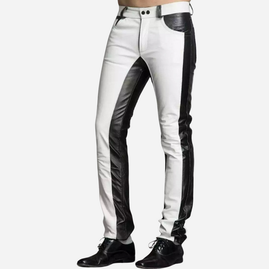 "Discover style and durability with our Men's Real Leather Two-Tone Biker Pants. Featuring a striking black and white design, these genuine leather motorcycle trousers offer superior protection, comfort, and adjustable features. Perfect for both casual and serious riders. Shop now for premium leather biker gear!"