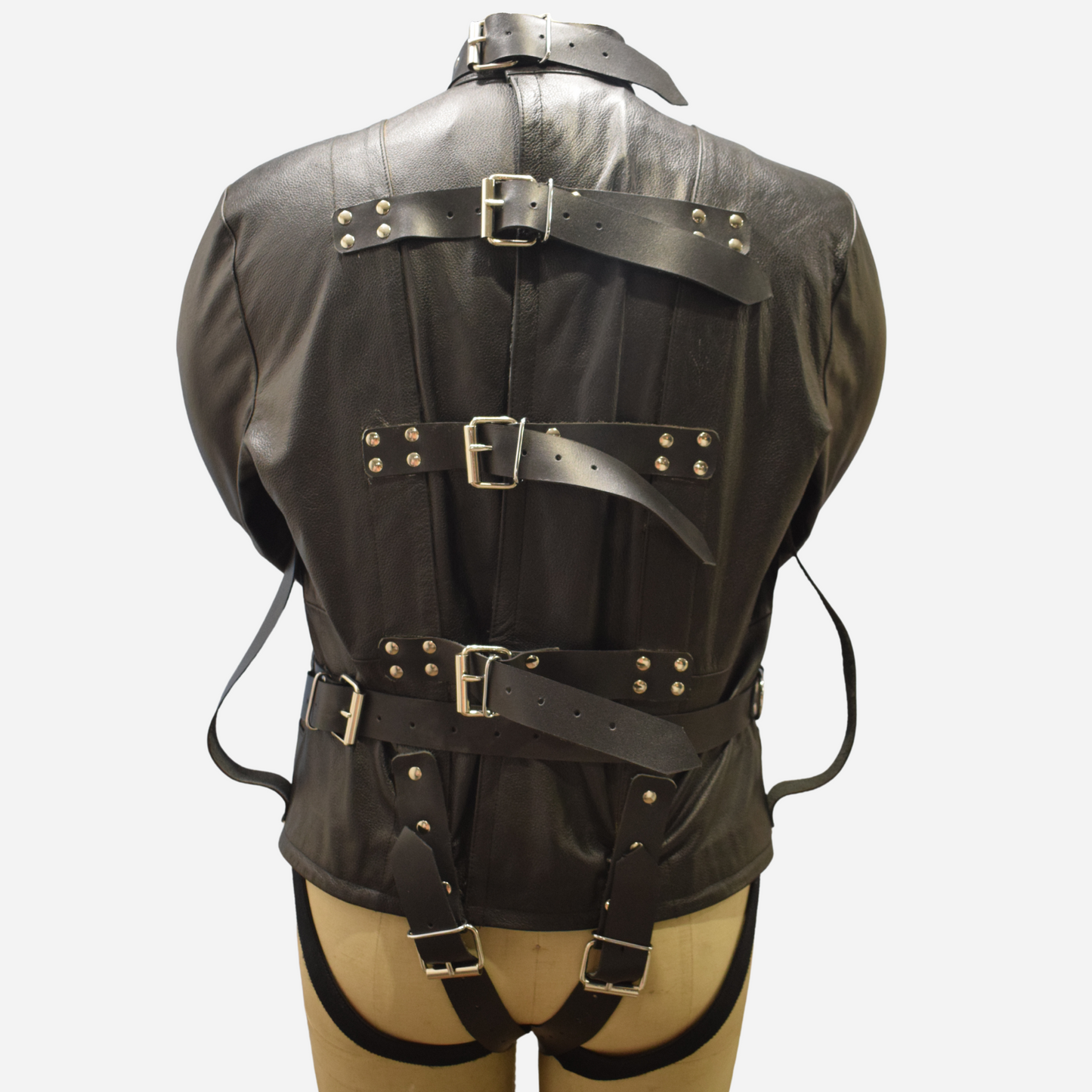 Genuine Leather straight jacket with detachable cod piece for bdsm cosplay.