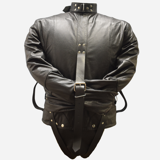 Genuine Leather straight jacket with detachable cod piece for bdsm cosplay.