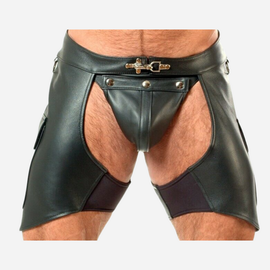 Shop our Men's Real Leather Chaps Shorts, designed for bikers. Made from high-quality leather, these stylish shorts feature cargo pockets for essentials, a comfort fit for mobility, and a detachable pouch. Available in all sizes with custom options. Enjoy a secure, perfect fit and ride in style!