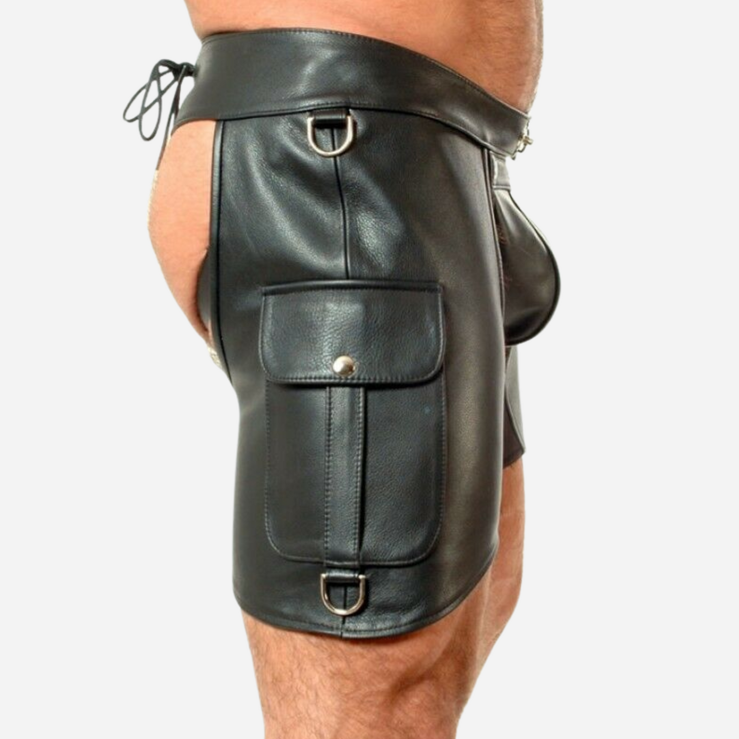 Shop our Men's Real Leather Chaps Shorts, designed for bikers. Made from high-quality leather, these stylish shorts feature cargo pockets for essentials, a comfort fit for mobility, and a detachable pouch. Available in all sizes with custom options. Enjoy a secure, perfect fit and ride in style!