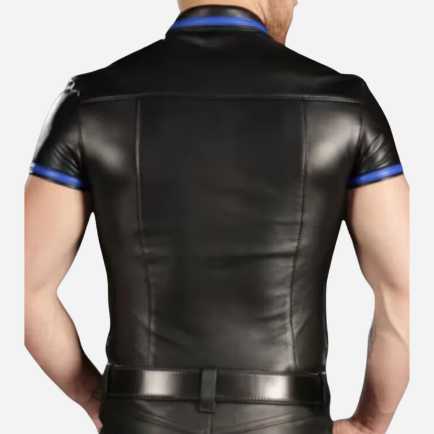 Elevate your style with our Men's Real Leather T-Shirt, featuring a wing collar and short sleeves. Made from 100% genuine leather with a soft polyester lining, it comes in premium black with customizable piping colors. Available in sizes S-4XL. Explore our Leather Collection to complete your look!