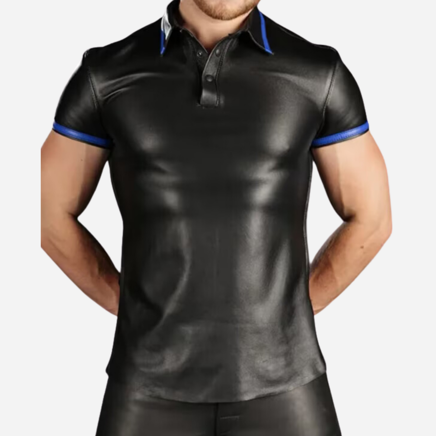Elevate your style with our Men's Real Leather T-Shirt, featuring a wing collar and short sleeves. Made from 100% genuine leather with a soft polyester lining, it comes in premium black with customizable piping colors. Available in sizes S-4XL. Explore our Leather Collection to complete your look!