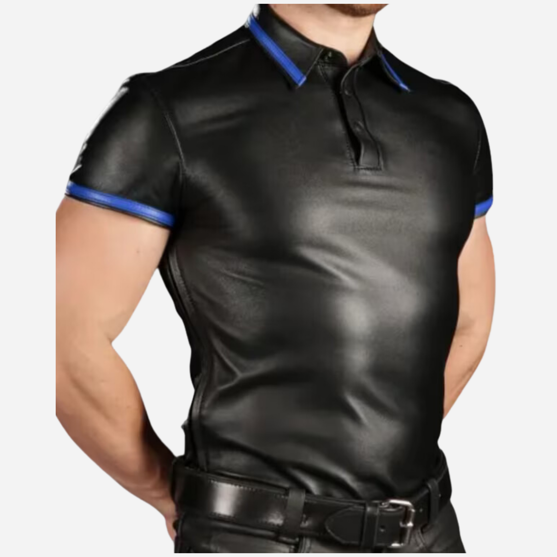 Elevate your style with our Men's Real Leather T-Shirt, featuring a wing collar and short sleeves. Made from 100% genuine leather with a soft polyester lining, it comes in premium black with customizable piping colors. Available in sizes S-4XL. Explore our Leather Collection to complete your look!