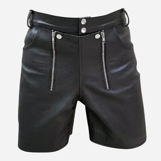 Shop our Men's Black Leather Shorts with Double Zipper for a stylish and comfortable addition to your wardrobe. Crafted from premium leather, these versatile shorts are perfect for any occasions whether casual outings or dressed-up nights. Discover the ultimate blend of fashion and function today!