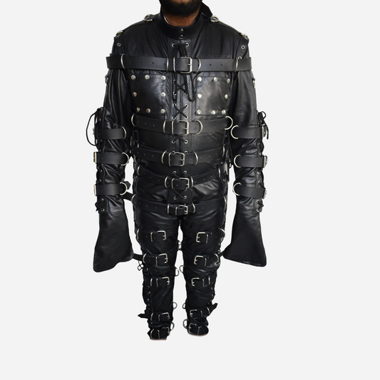 Men's genuine leather jumpsuit with adjustable straps, removable hood, and durable YKK zippers.