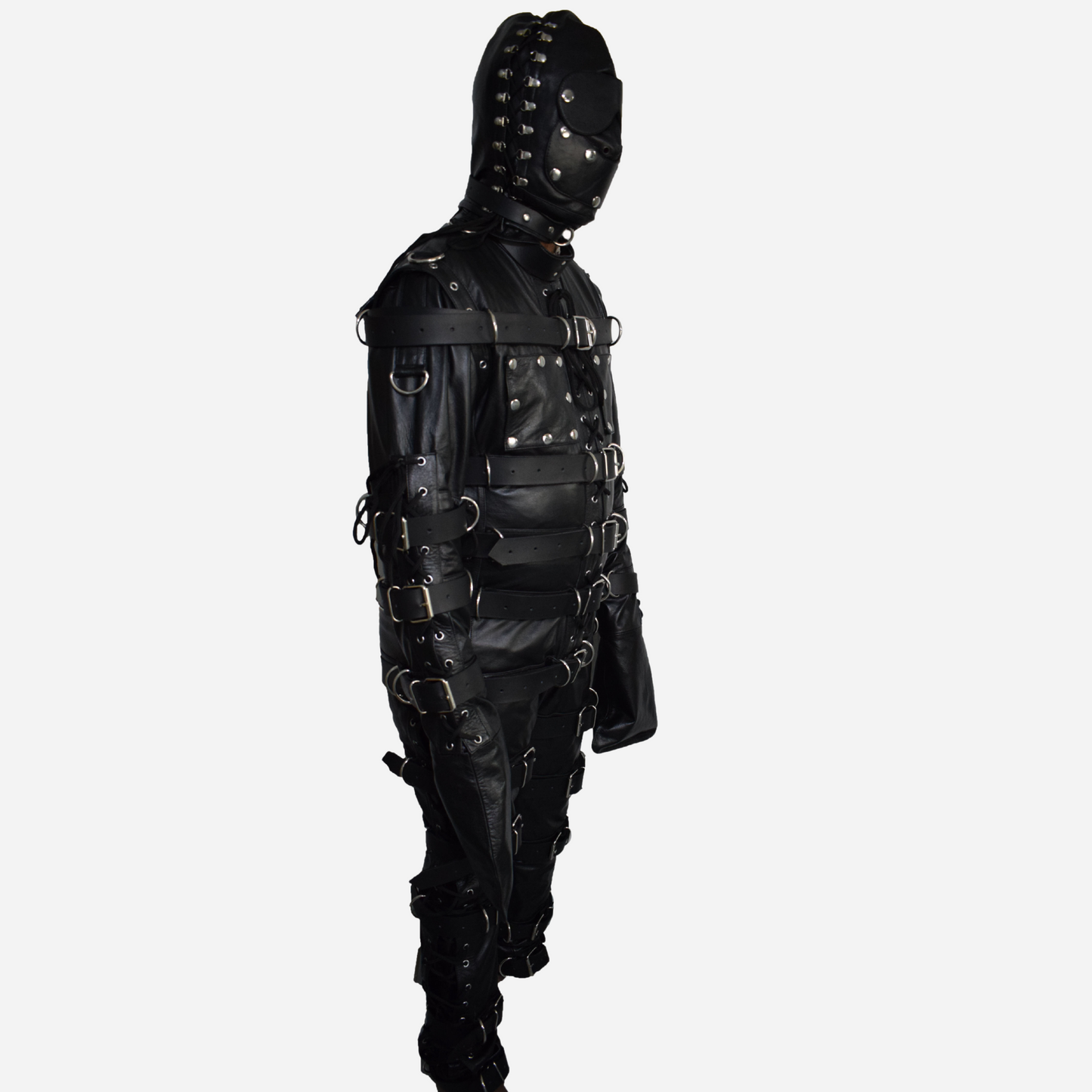 Men's genuine leather jumpsuit with adjustable straps, removable hood, and durable YKK zippers.
