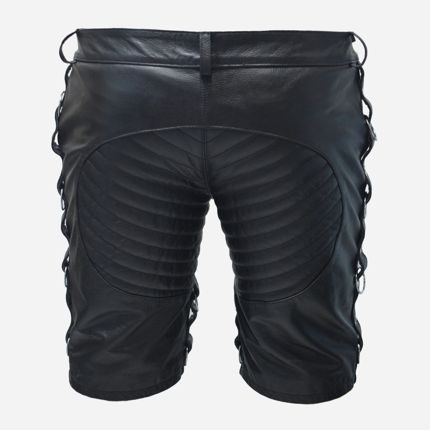 Shop our Men's Real Leather Black Shorts, crafted from high-quality genuine leather. Featuring padded comfort, stylish D rings, and double-stitched seams, these durable club-wear shorts are perfect for any occasion. Explore our collection for more premium men's apparel today!