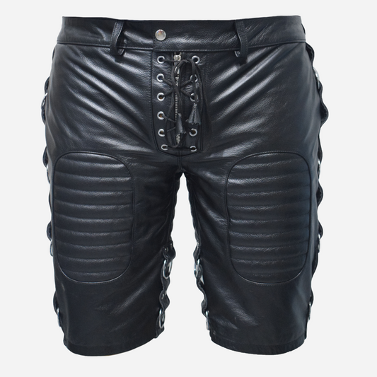 Shop our Men's Real Leather Black Shorts, crafted from high-quality genuine leather. Featuring padded comfort, stylish D rings, and double-stitched seams, these durable club-wear shorts are perfect for any occasion. Explore our collection for more premium men's apparel today!
