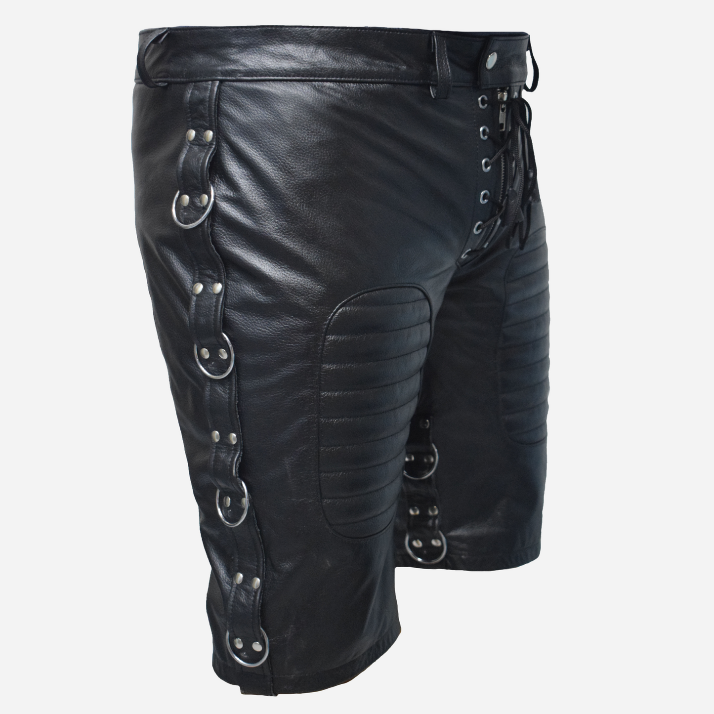 Shop our Men's Real Leather Black Shorts, crafted from high-quality genuine leather. Featuring padded comfort, stylish D rings, and double-stitched seams, these durable club-wear shorts are perfect for any occasion. Explore our collection for more premium men's apparel today!