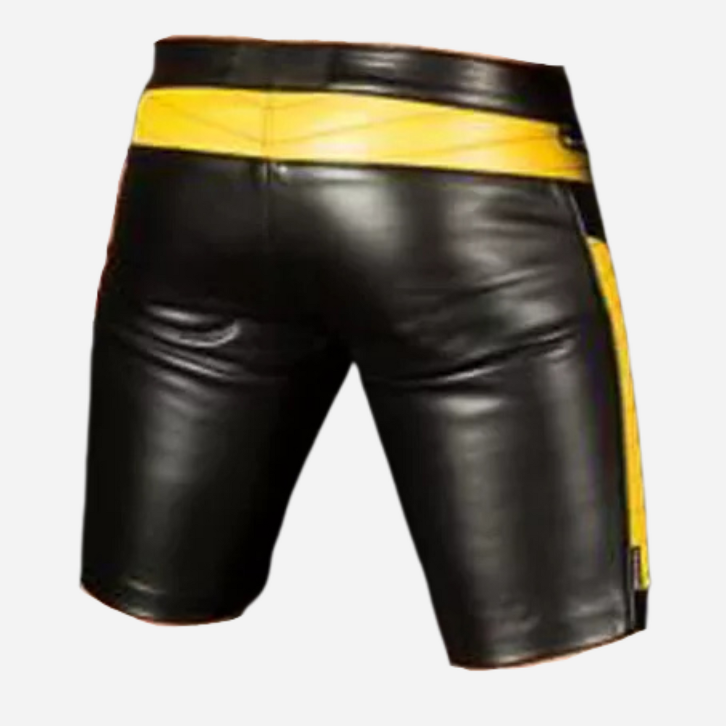 Shop the Men's Real Leather Lace-Up Shorts with Yellow Contrast Short Pants for a bold, stylish look. Made from premium leather with a unique lace-up design and vibrant yellow contrast, these shorts offer comfort and durability. Perfect for any occasion. Shop now for the ultimate fashion statement!