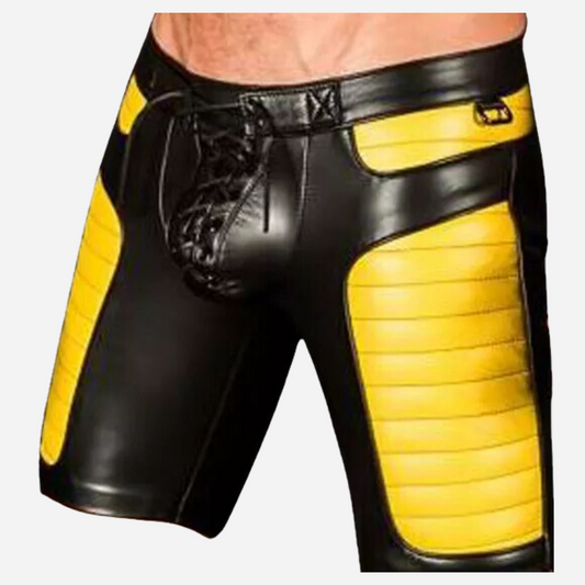 Shop the Men's Real Leather Lace-Up Shorts with Yellow Contrast Short Pants for a bold, stylish look. Made from premium leather with a unique lace-up design and vibrant yellow contrast, these shorts offer comfort and durability. Perfect for any occasion. Shop now for the ultimate fashion statement!