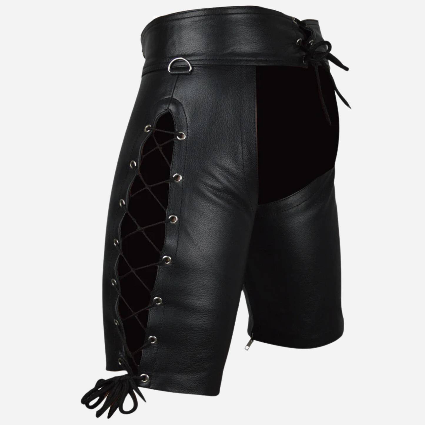 Shop our Men’s Real Leather Laced Chaps Shorts for a bold, stylish look. Made from 100% real leather with adjustable features and expert craftsmanship, these shorts offer unmatched comfort and durability. Perfect for club wear or a night out!