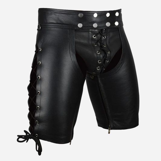 Shop our Men’s Real Leather Laced Chaps Shorts for a bold, stylish look. Made from 100% real leather with adjustable features and expert craftsmanship, these shorts offer unmatched comfort and durability. Perfect for club wear or a night out!