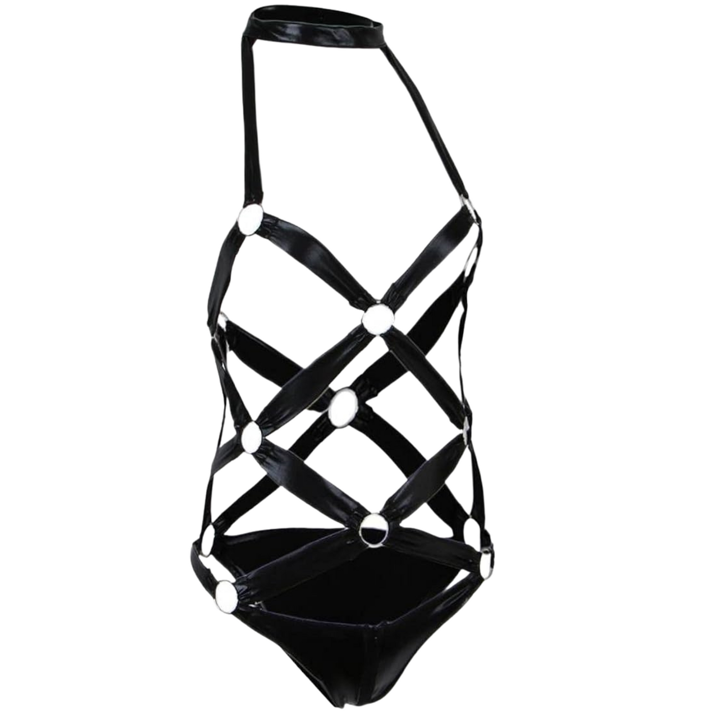 Indulge in luxury with our Alluring Leather Lingerie Set featuring O-ring harness bands, a neck choker, and a backless design. Complete with smooth leather underwear for comfort and allure. Shop now!