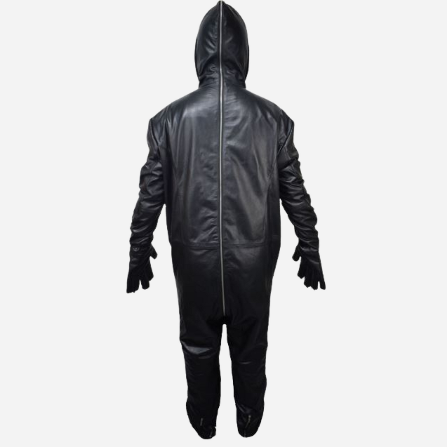 Premium Black Leather Jumpsuit. Featuring a dual hood design and two-way zipper fastening.