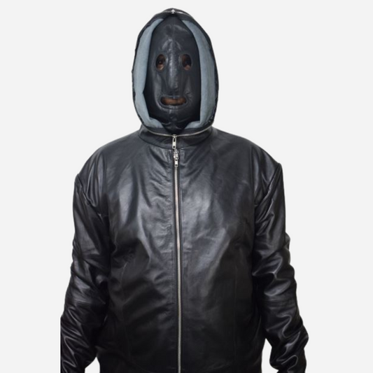 Premium Black Leather Jumpsuit. Featuring a dual hood design and two-way zipper fastening.