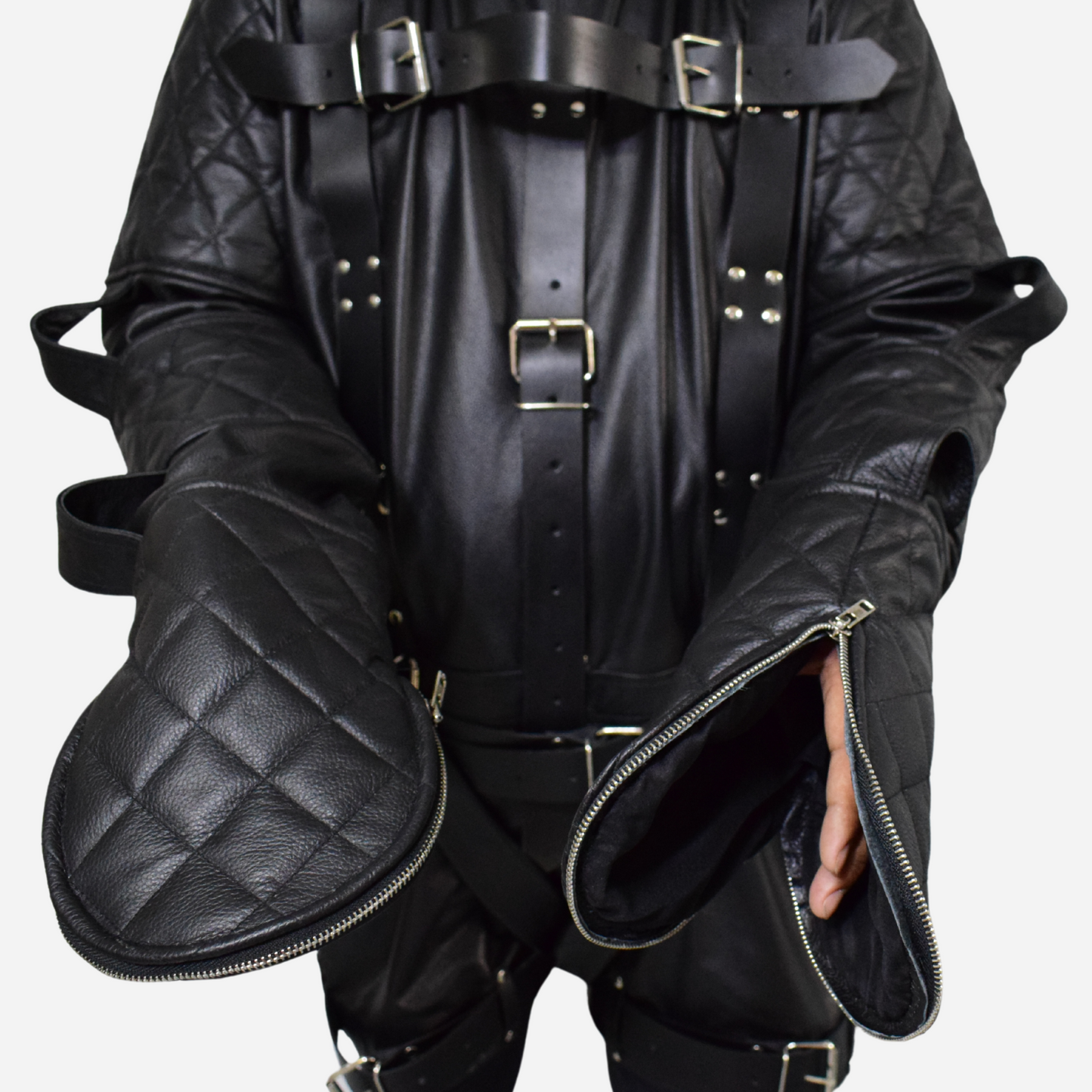 Real Leather Bondage Strait jacket with suspension belt and zipper back.