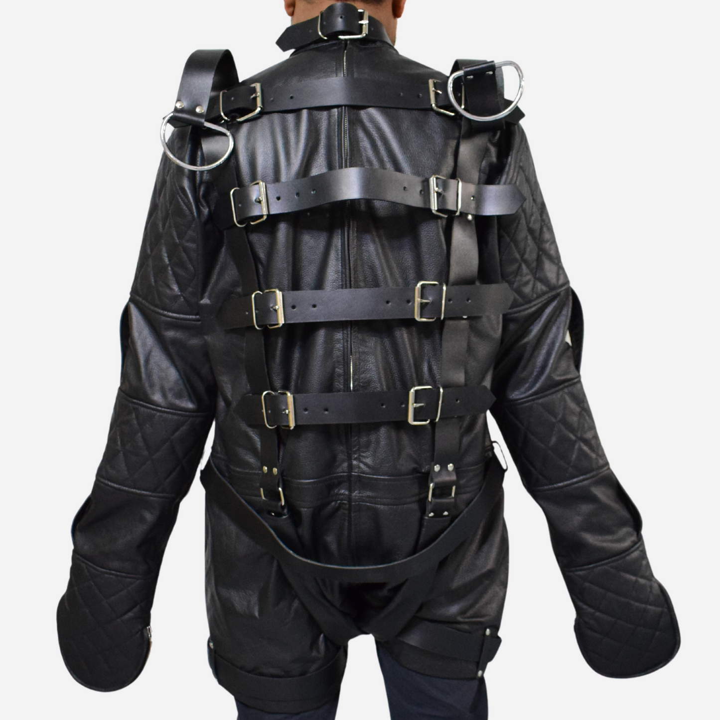 Real Leather Bondage Strait jacket with suspension belt and zipper back.