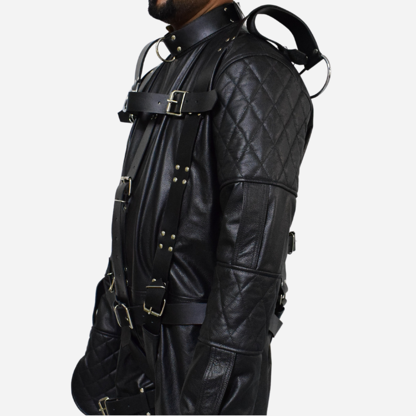 Real Leather Bondage Strait jacket with suspension belt and zipper back.