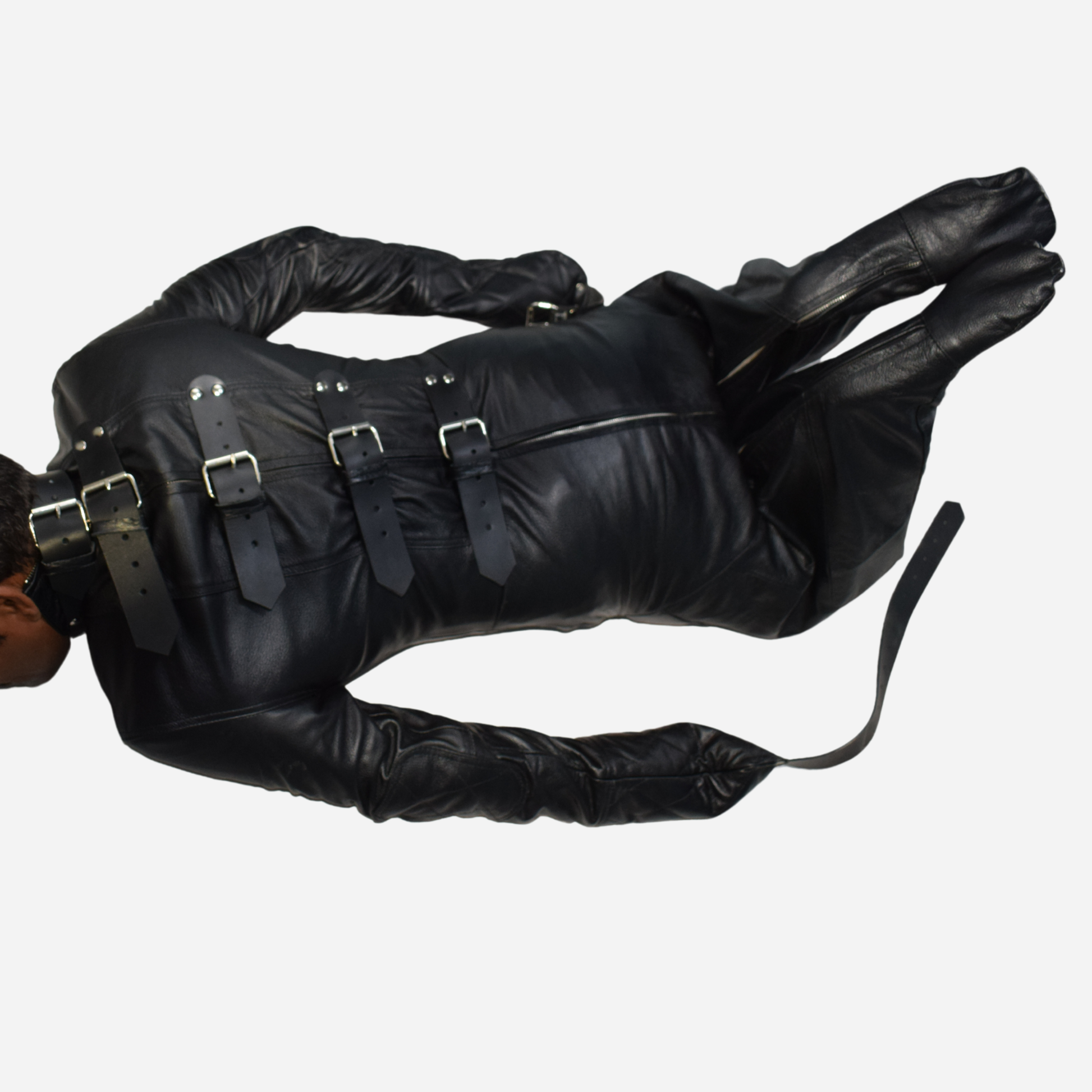 High-quality cowhide leather, it includes adjustable back belts, a front chest belt, and long sleeves with buckles for a secure fit. With convenient zipper fastenings, folded legs design, rust-proof hardware, and double stitching, it's both durable and stylish. Ideal for enhancing your BDSM or cosplay experiences.