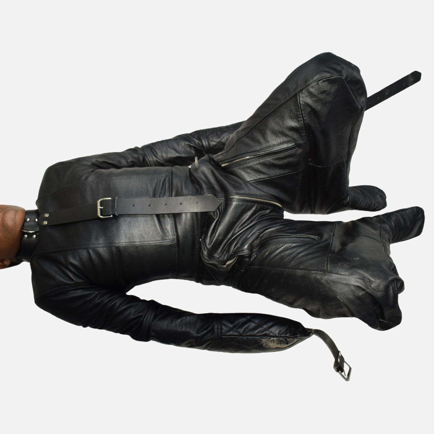 High-quality cowhide leather, it includes adjustable back belts, a front chest belt, and long sleeves with buckles for a secure fit. With convenient zipper fastenings, folded legs design, rust-proof hardware, and double stitching, it's both durable and stylish. Ideal for enhancing your BDSM or cosplay experiences.