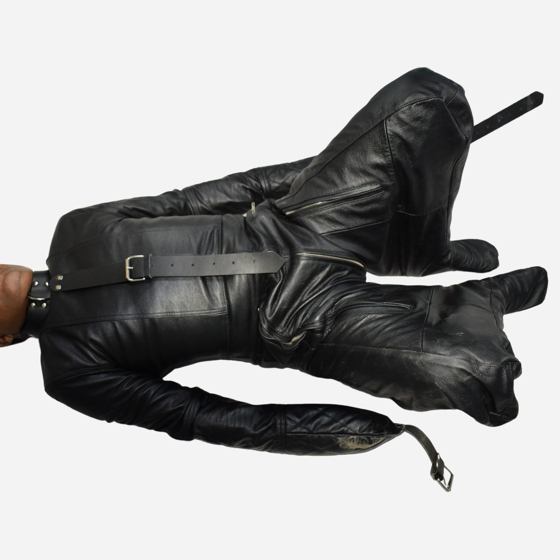 High-quality cowhide leather, it includes adjustable back belts, a front chest belt, and long sleeves with buckles for a secure fit. With convenient zipper fastenings, folded legs design, rust-proof hardware, and double stitching, it's both durable and stylish. Ideal for enhancing your BDSM or cosplay experiences.