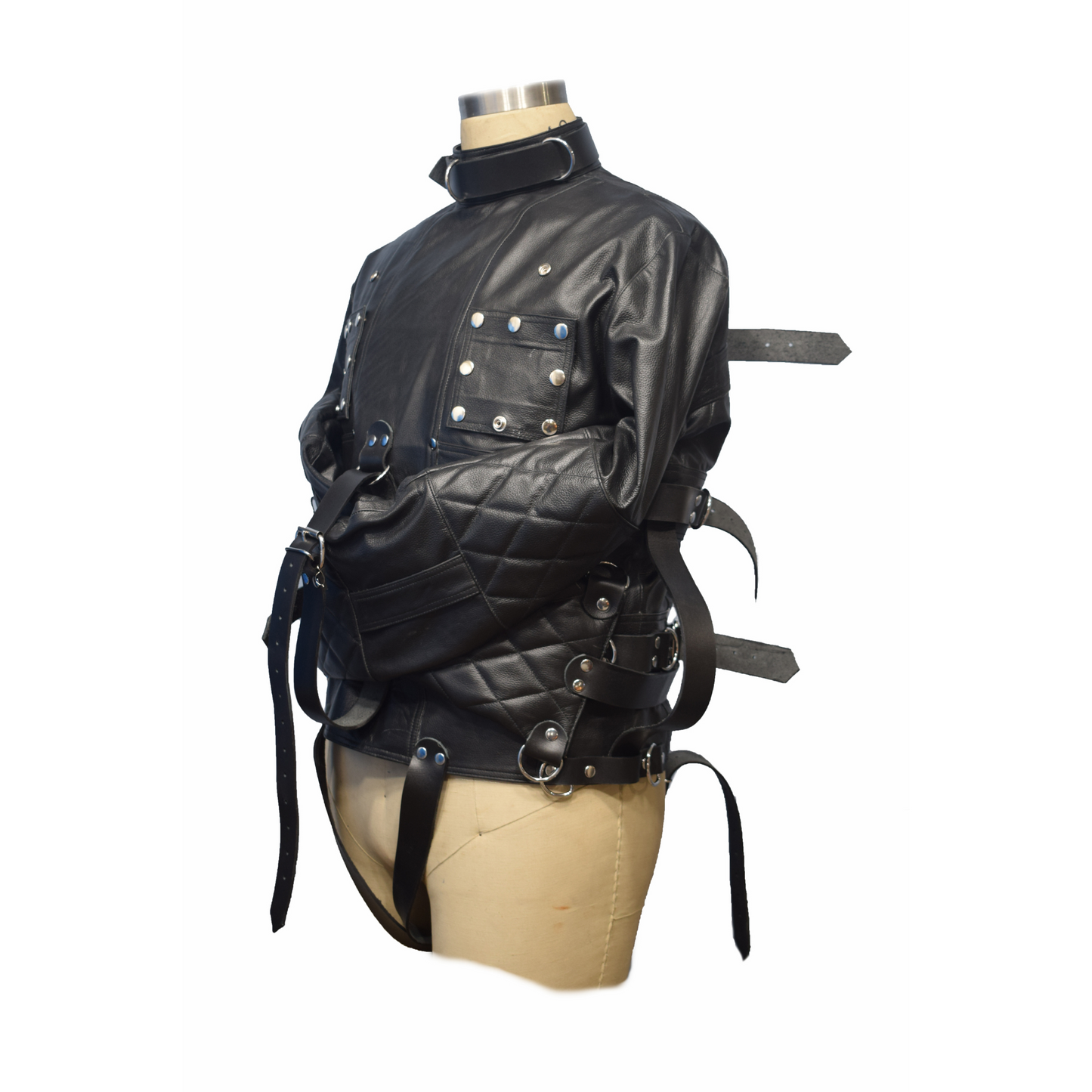 Genuine Leather Bondage Straight jacket with detachable chest flaps & crotch belts.