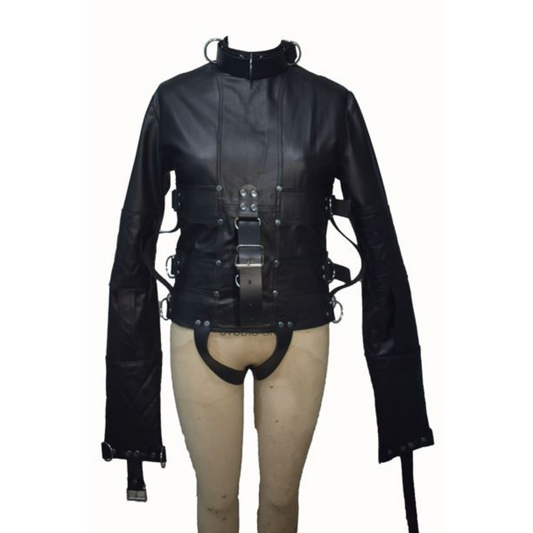 Real Black Leather Straitjacket, featuring a rear zipper, adjustable straps, and durable, high-quality leather.