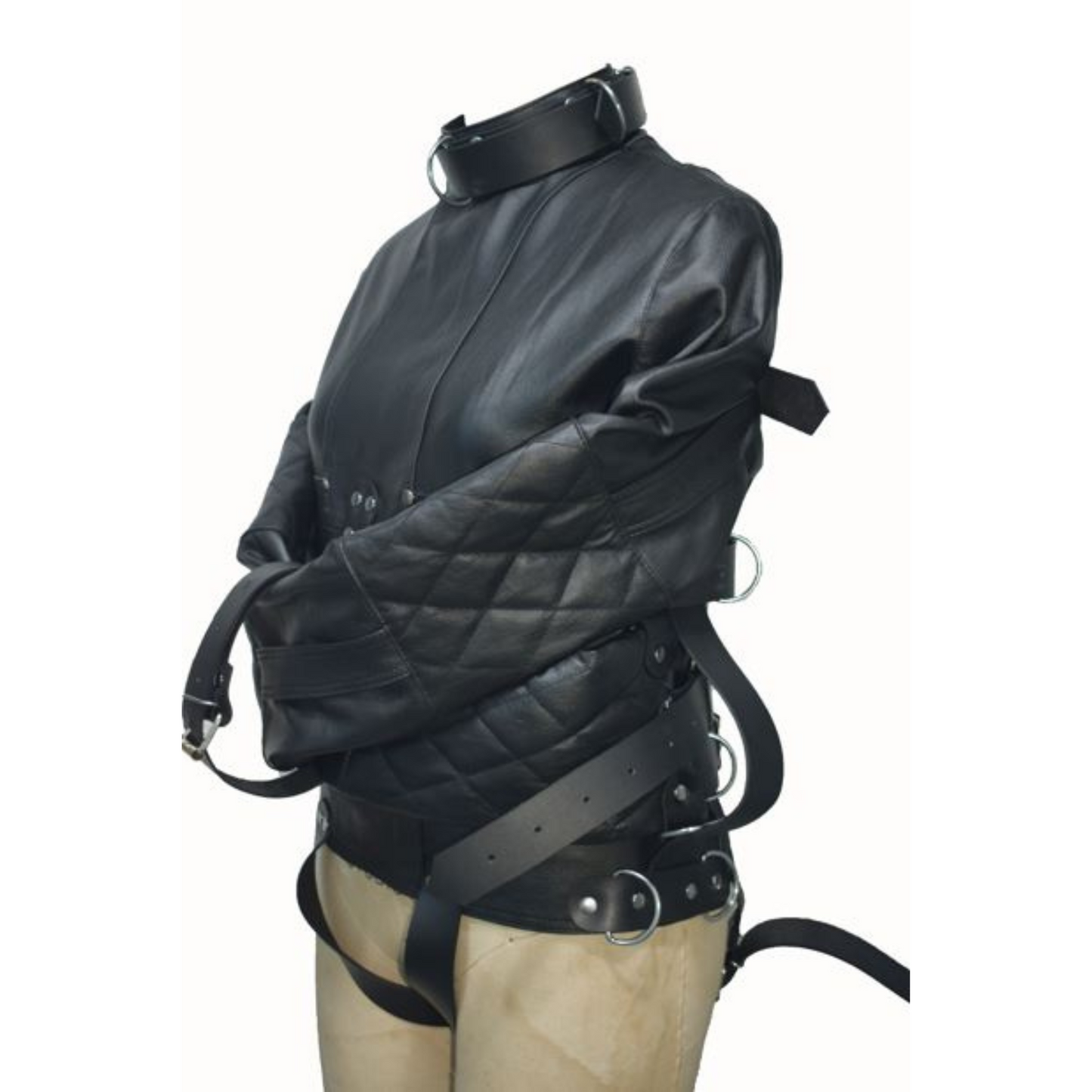 Real Black Leather Straitjacket, featuring a rear zipper, adjustable straps, and durable, high-quality leather.