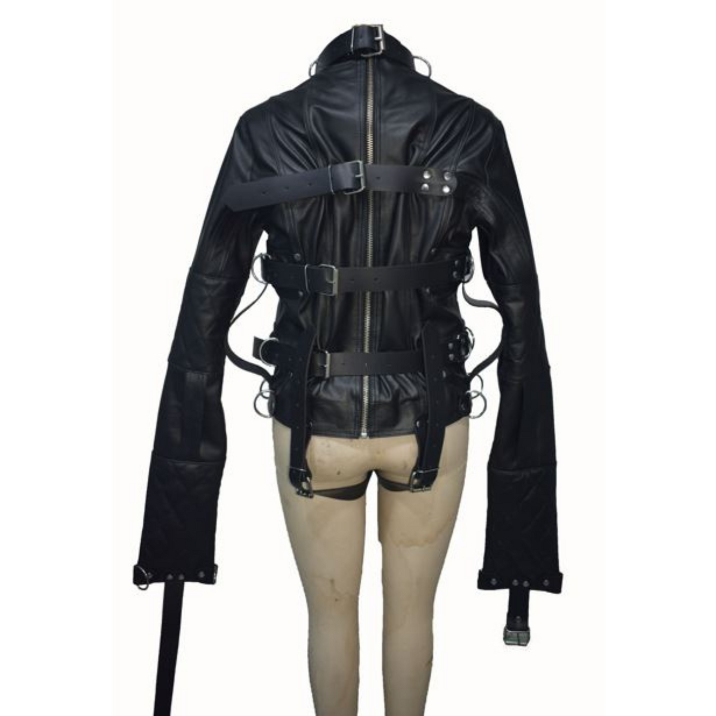 Real Black Leather Straitjacket, featuring a rear zipper, adjustable straps, and durable, high-quality leather.