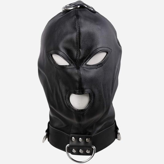 Real leather hood with open eyes & mouth design, adjustable fit, and D-ring details.