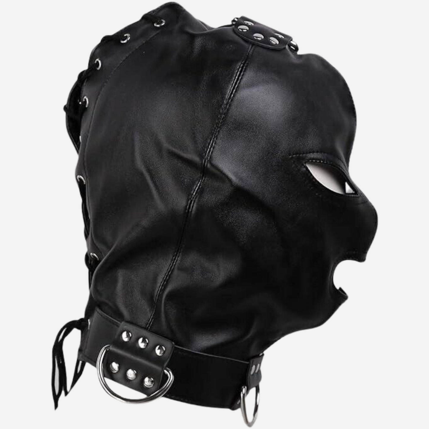 Real leather hood with open eyes & mouth design, adjustable fit, and D-ring details.