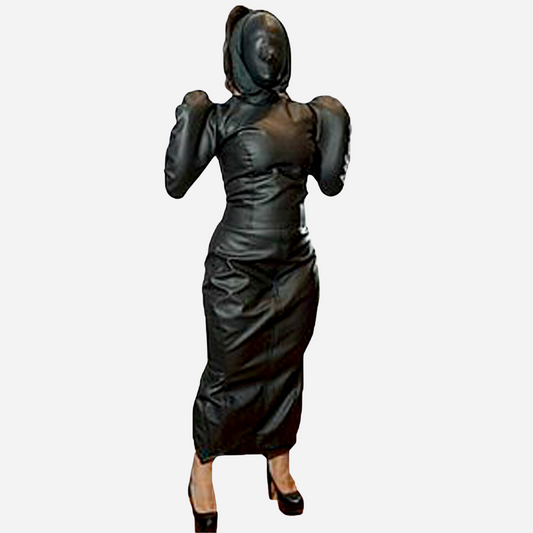Real Leather Bodycon dress with lace up back and zipper fastening sides. Detachable suffocating Hood Mask.