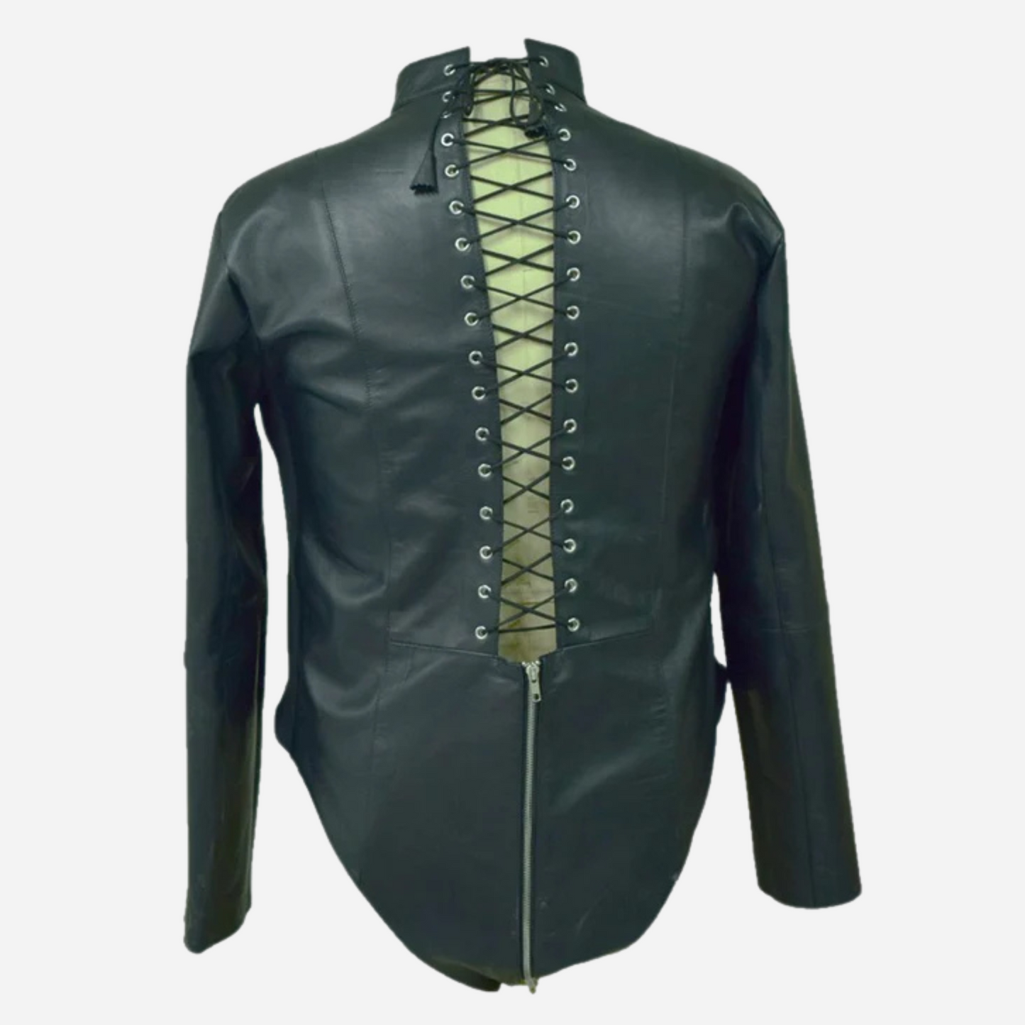 Real Leather Black Bodysuit with Zipper Details & Lace-Up Back
