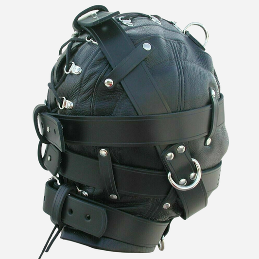 Genuine Leather Fetish hood mask featured lace up back & Adjustable straps.