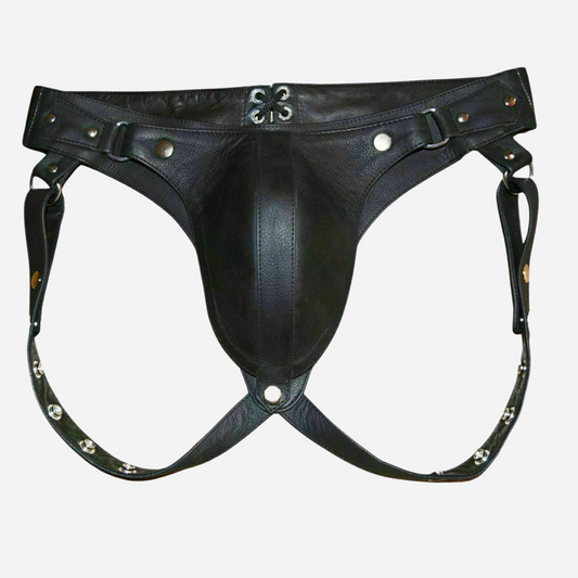 Our Men’s Cod-Piece Jock with a removable pouch, lined with soft leather for ultimate comfort. Featuring a secure back closure, this jock is designed for durability and all-day wear. Explore our collection today for stylish and supportive underwear options!