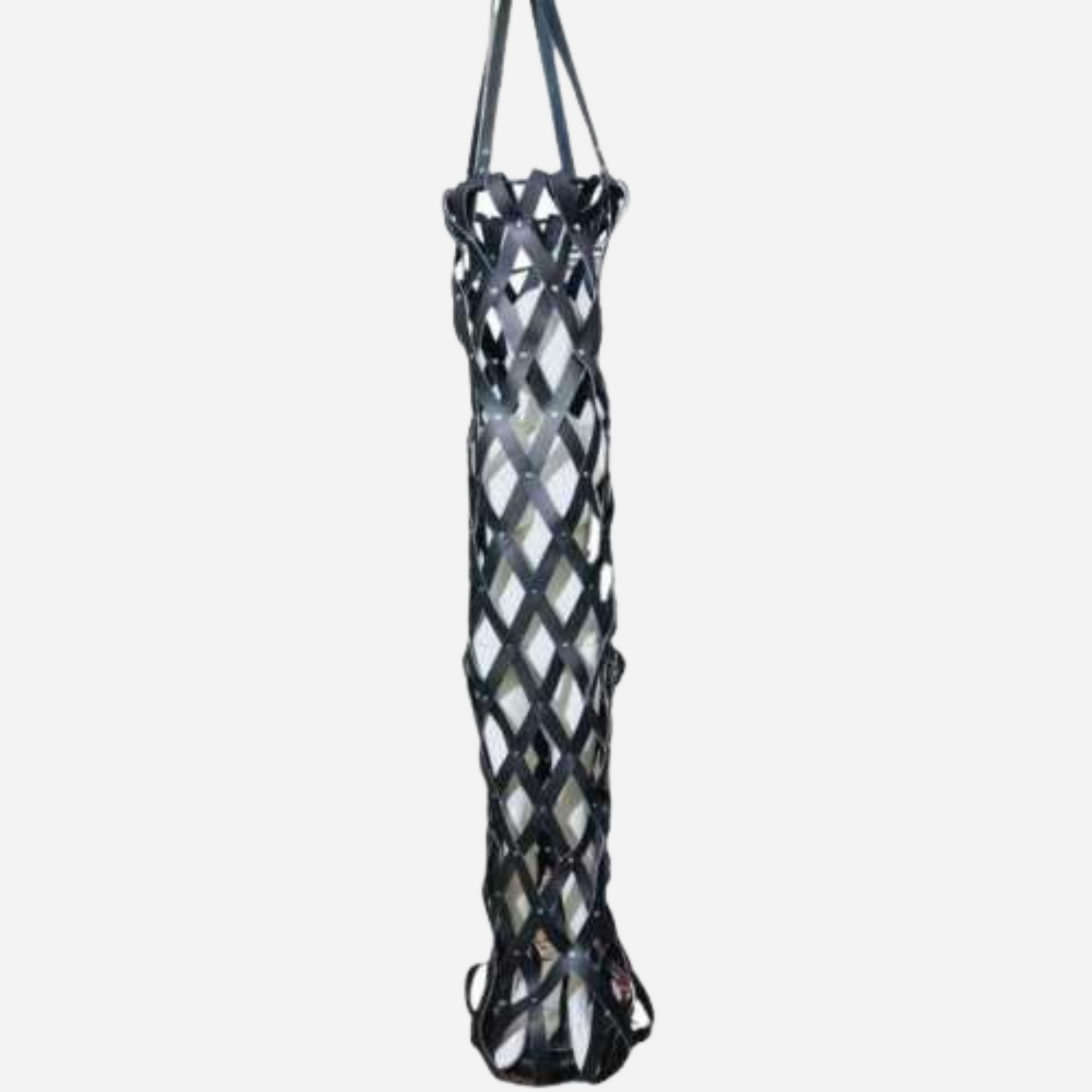 Cage Body Bag with heavy-duty straps, expertly crafted from genuine leather. This premium cage features a unique design with adjustable webbing, a wooden platform, and metal rings for secure fitting and dynamic movement.