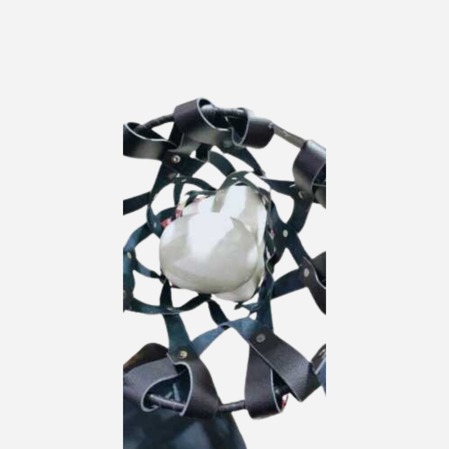Cage Body Bag with heavy-duty straps, expertly crafted from genuine leather. This premium cage features a unique design with adjustable webbing, a wooden platform, and metal rings for secure fitting and dynamic movement.